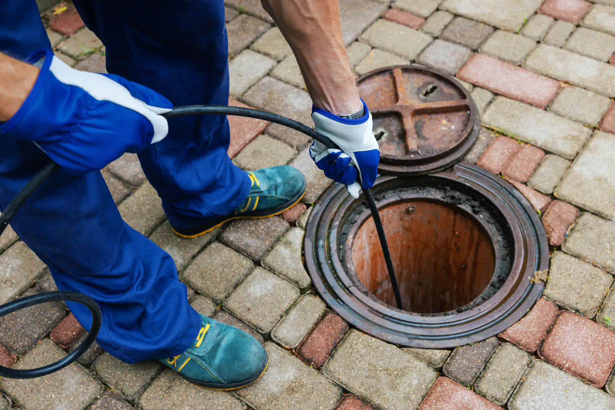 A plumber El Dorado County wearing blue gloves and work boots is cleaning or inspecting a drain or sewer opening on a paved surface using a black hose or cable, with the round metal drain cover open nearby.