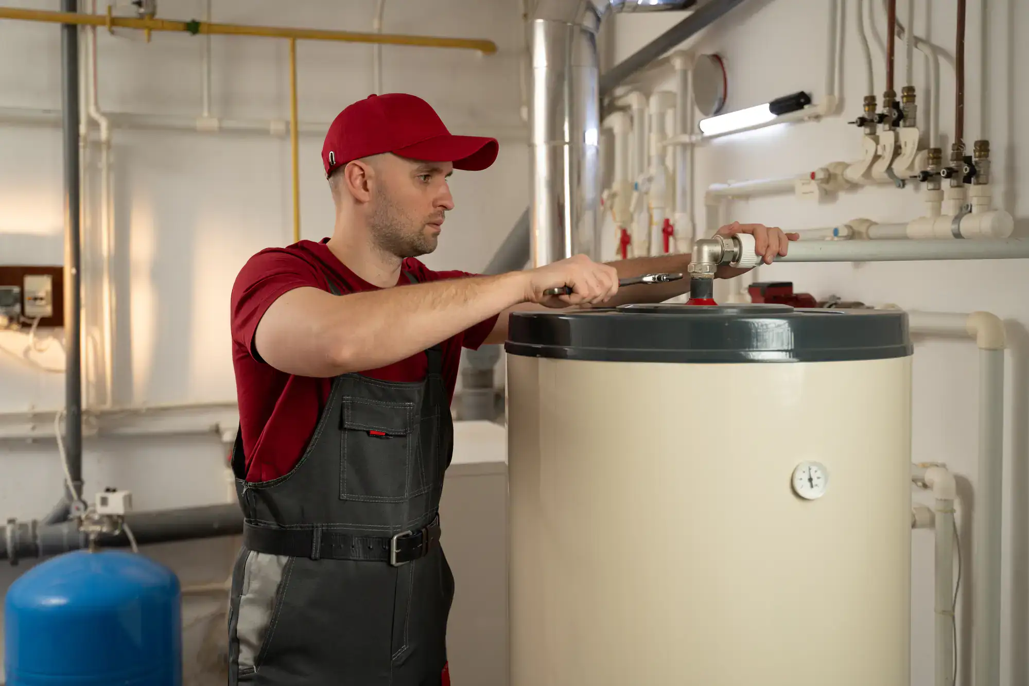 A technician in a red cap and overalls, representing a plumber El Dorado County, CA, uses a wrench to work on a water heater in a utility room with pipes and gauges visible on the walls.