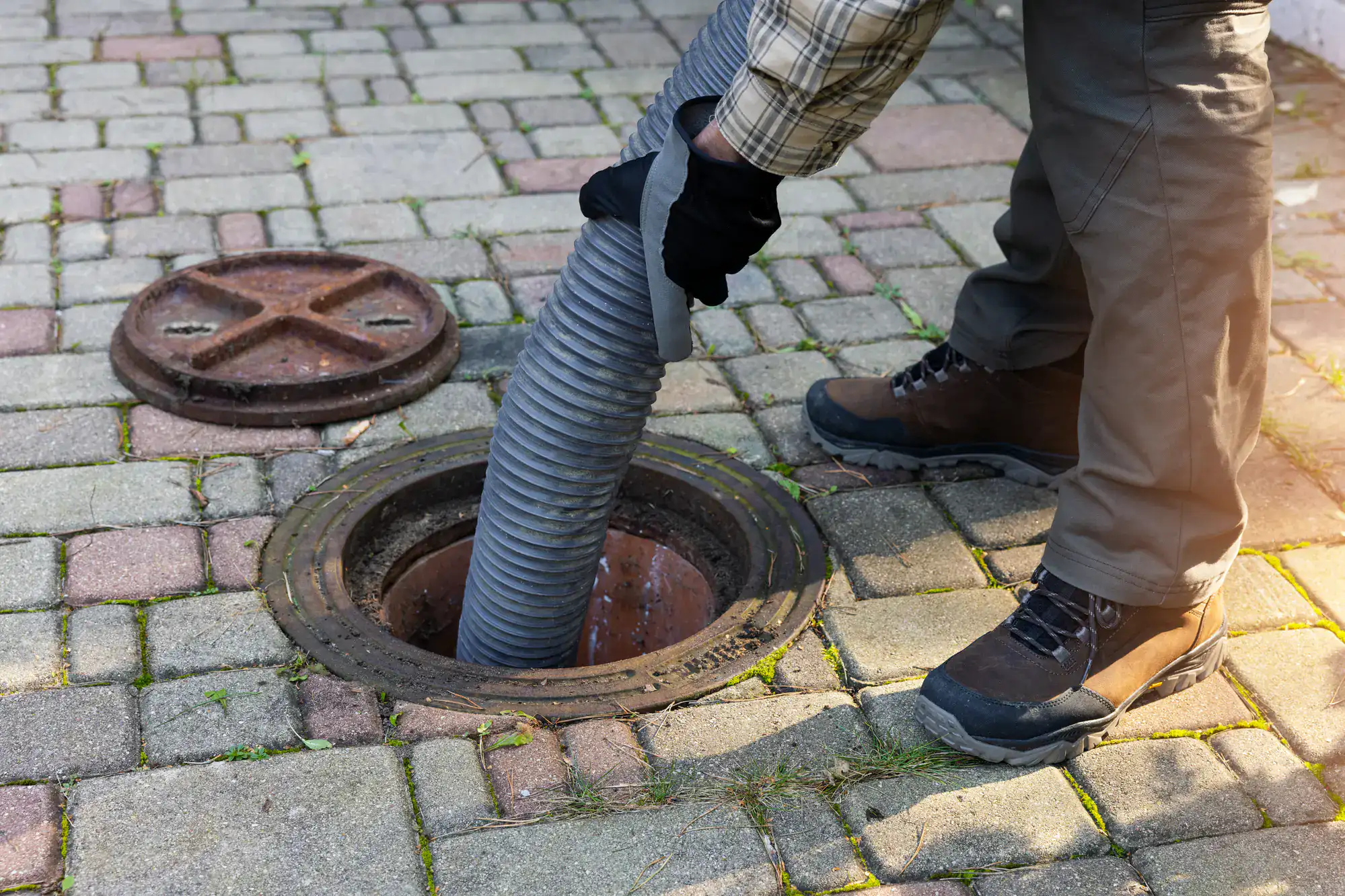 A plumber in El Dorado County, CA, wearing gloves and boots, uses a large hose to clean or empty a manhole on a paved surface, with the manhole cover set aside nearby.