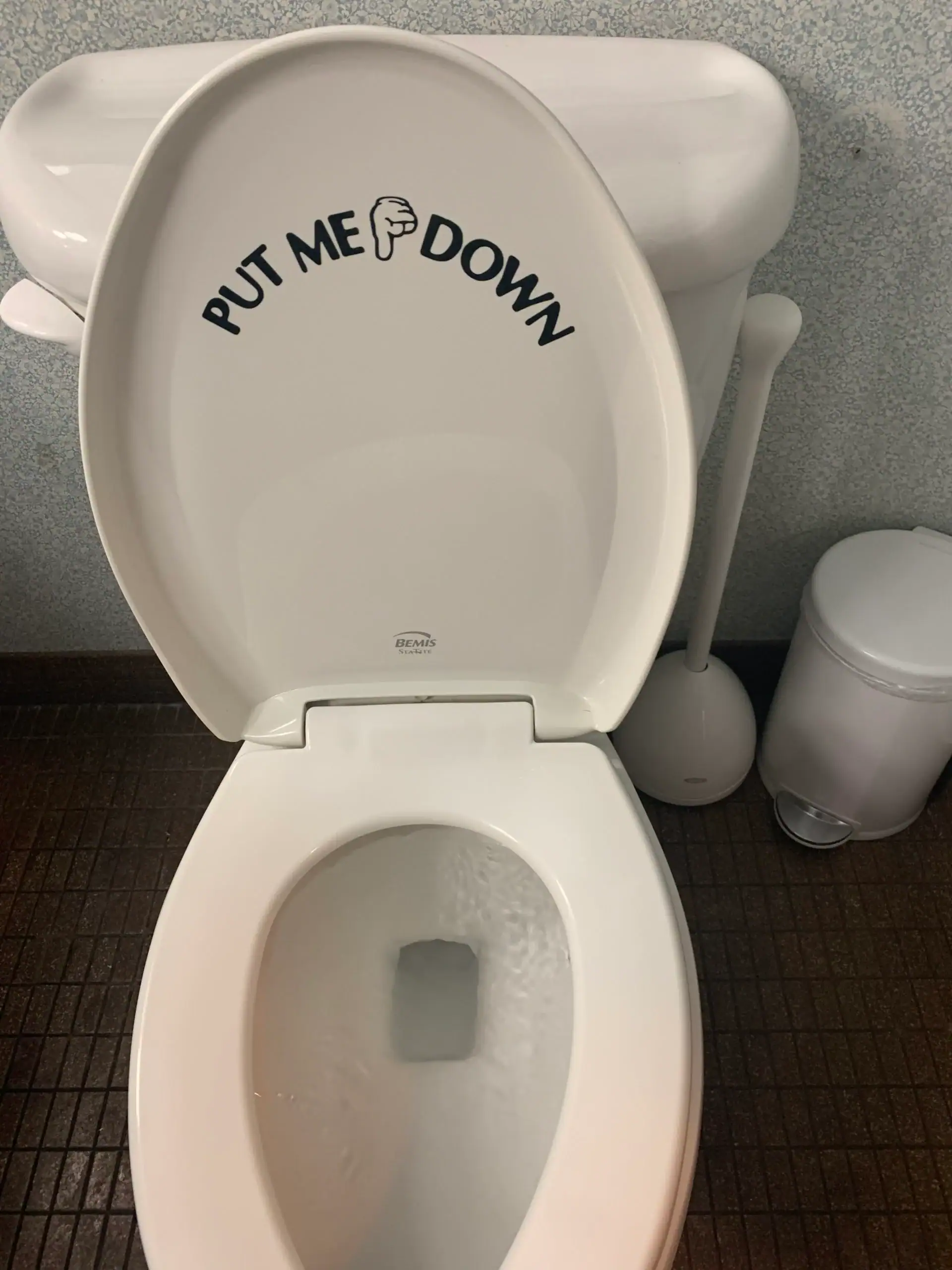 An open toilet seat with "PUT ME DOWN" and a pointing finger decal on the underside of the lid. A trash bin and toilet brush are nearby—perfect inspiration for any plumber El Dorado County bathroom upgrade.
