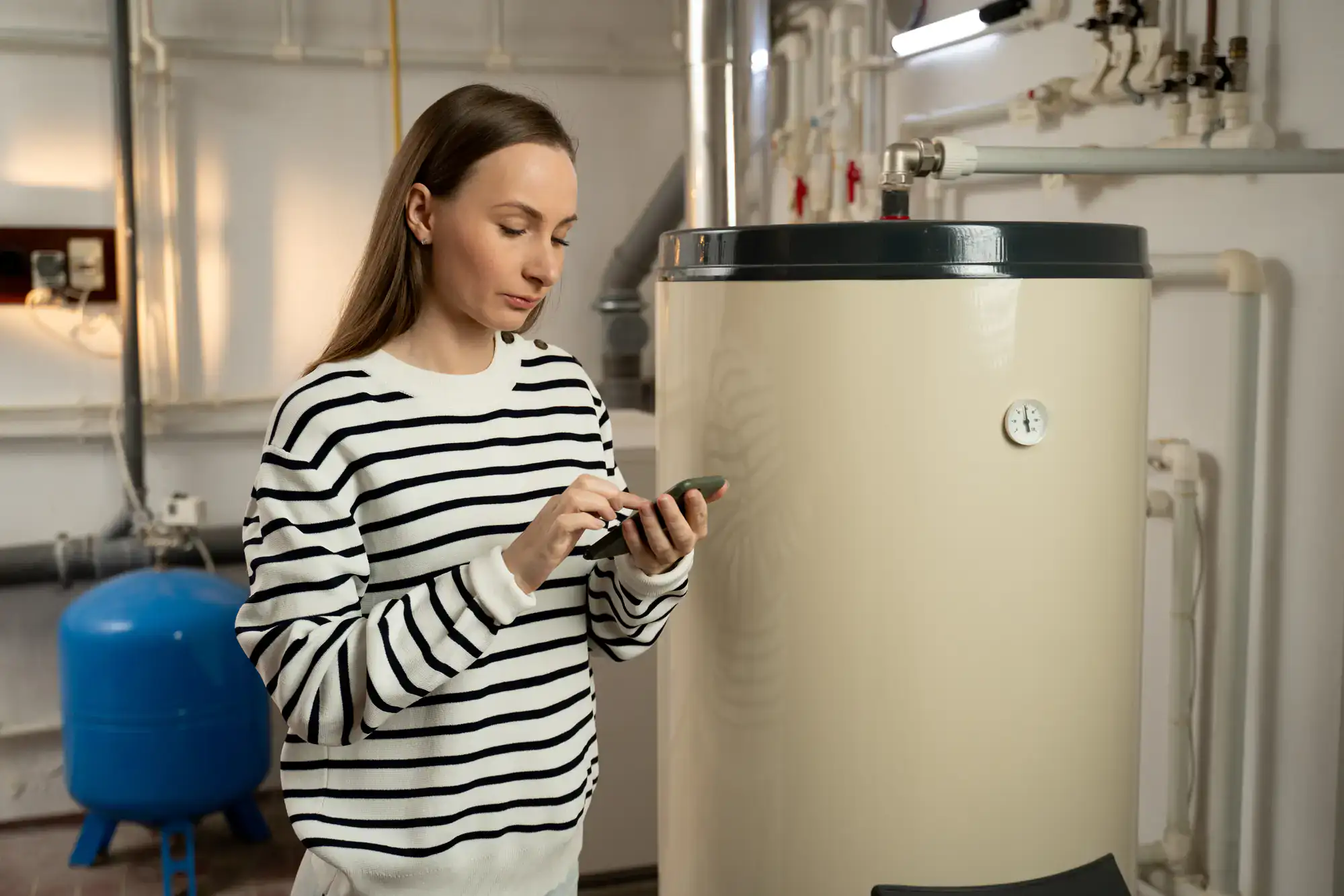 A woman in a striped sweater uses her smartphone while standing in a utility room with large water tanks and pipes, possibly researching water heater replacement El Dorado County, CA.
