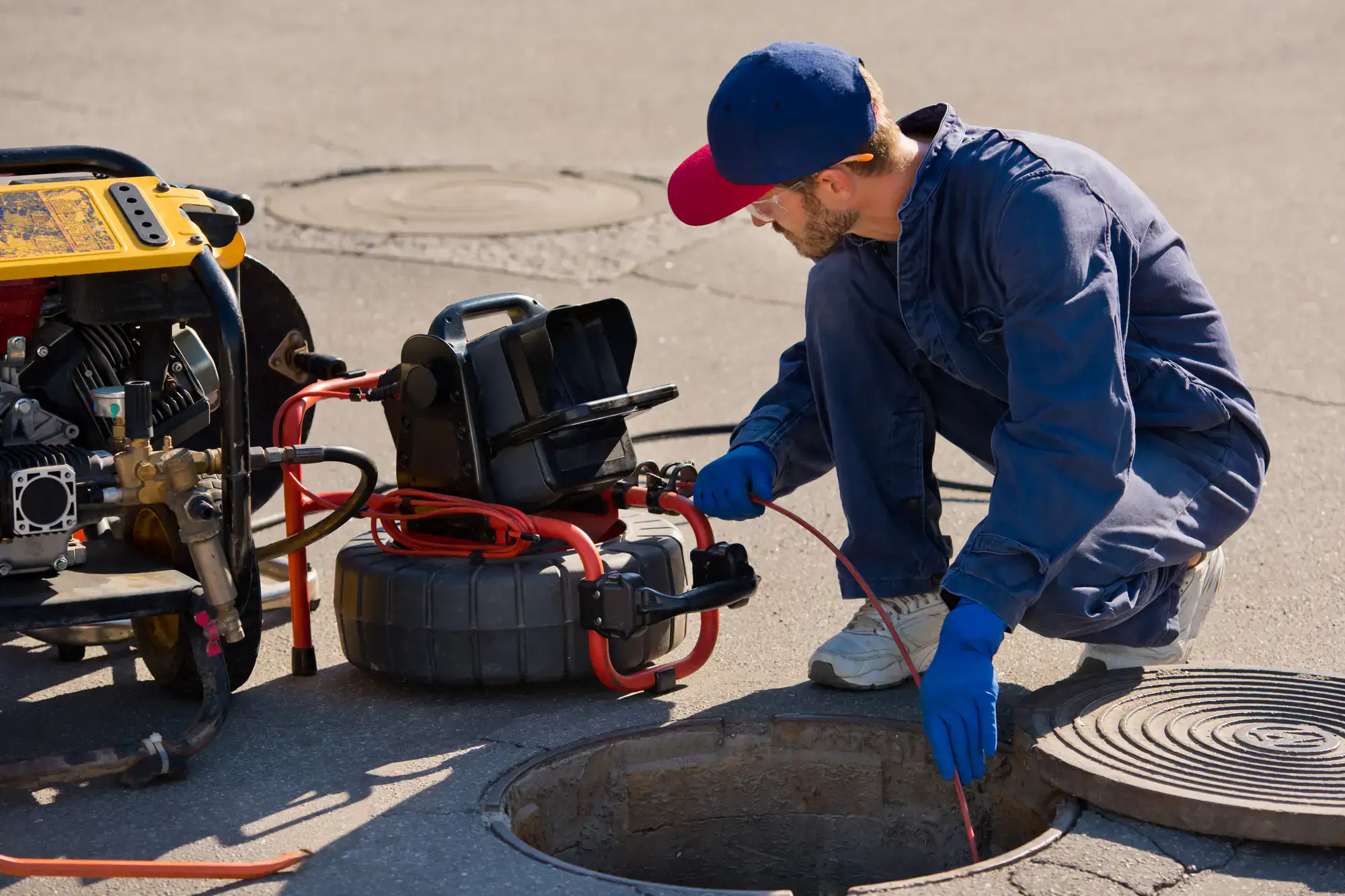 A worker in blue coveralls and gloves, possibly a plumber El Dorado County, uses equipment to clean or inspect a sewer manhole on a CA street. He kneels beside the open manhole, holding a red cable connected to a machine.