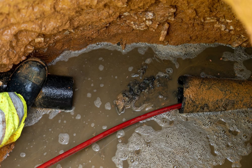 A close-up view of muddy water and pipes in a trench, with a plumber El Dorado County, CA worker’s boot and high-visibility trousers visible. A red cable and black pipes are partially submerged in the water and surrounded by wet soil.