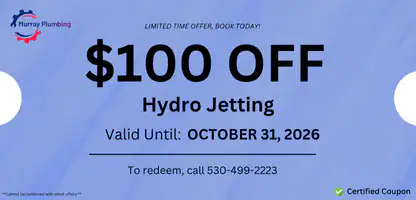 A blue coupon offering $100 off hydro jetting from Murray Plumbing, valid until October 31, 2026. Includes a phone number to redeem and a note that it cannot be combined with other offers.