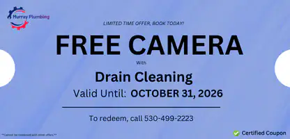 Coupon for Murray Plumbing offering a free camera with drain cleaning, valid until October 31, 2026. Includes a phone number to redeem and a note that terms apply. Certified coupon is indicated.