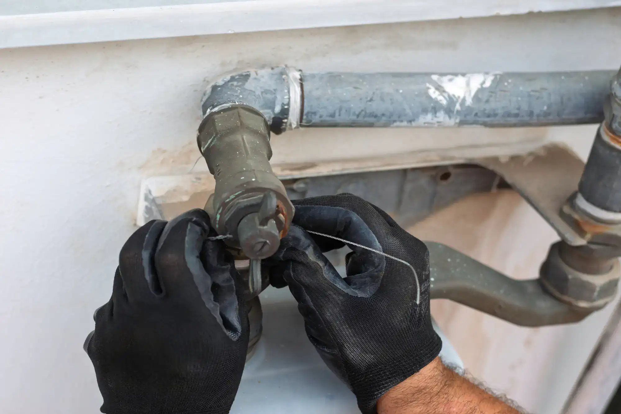 A person wearing black gloves uses wire to secure a valve on a metal pipe attached to a wall.
