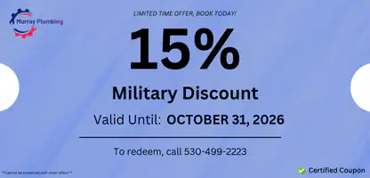 Blue coupon for Murray Plumbing offering a 15% military discount, valid until October 31, 2026. Instructions to redeem by calling 530-499-2223. Coupon is marked as certified, with fine print at the bottom.