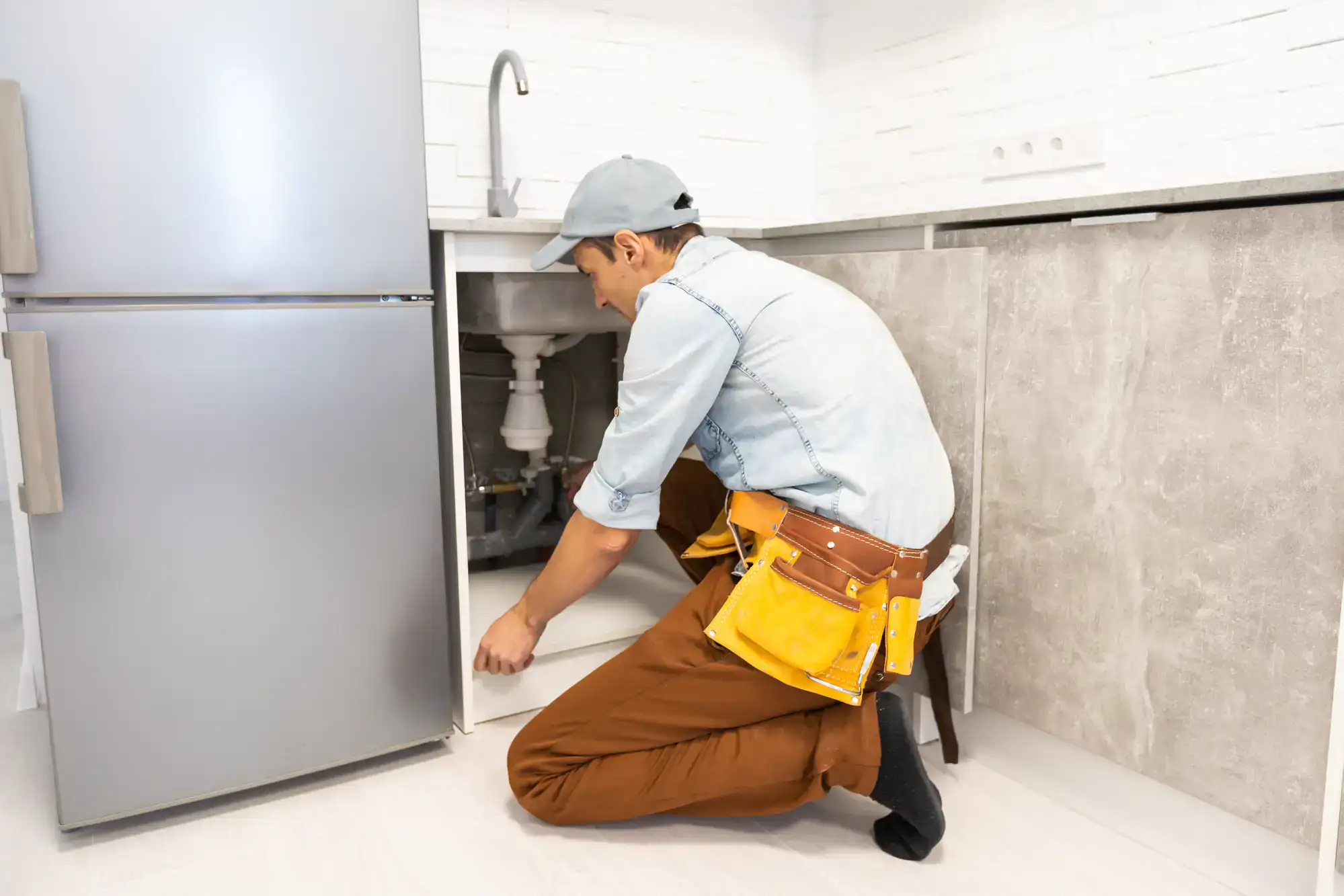A person wearing a cap and tool belt kneels on the floor, fixing plumbing under a kitchen sink next to a refrigerator.