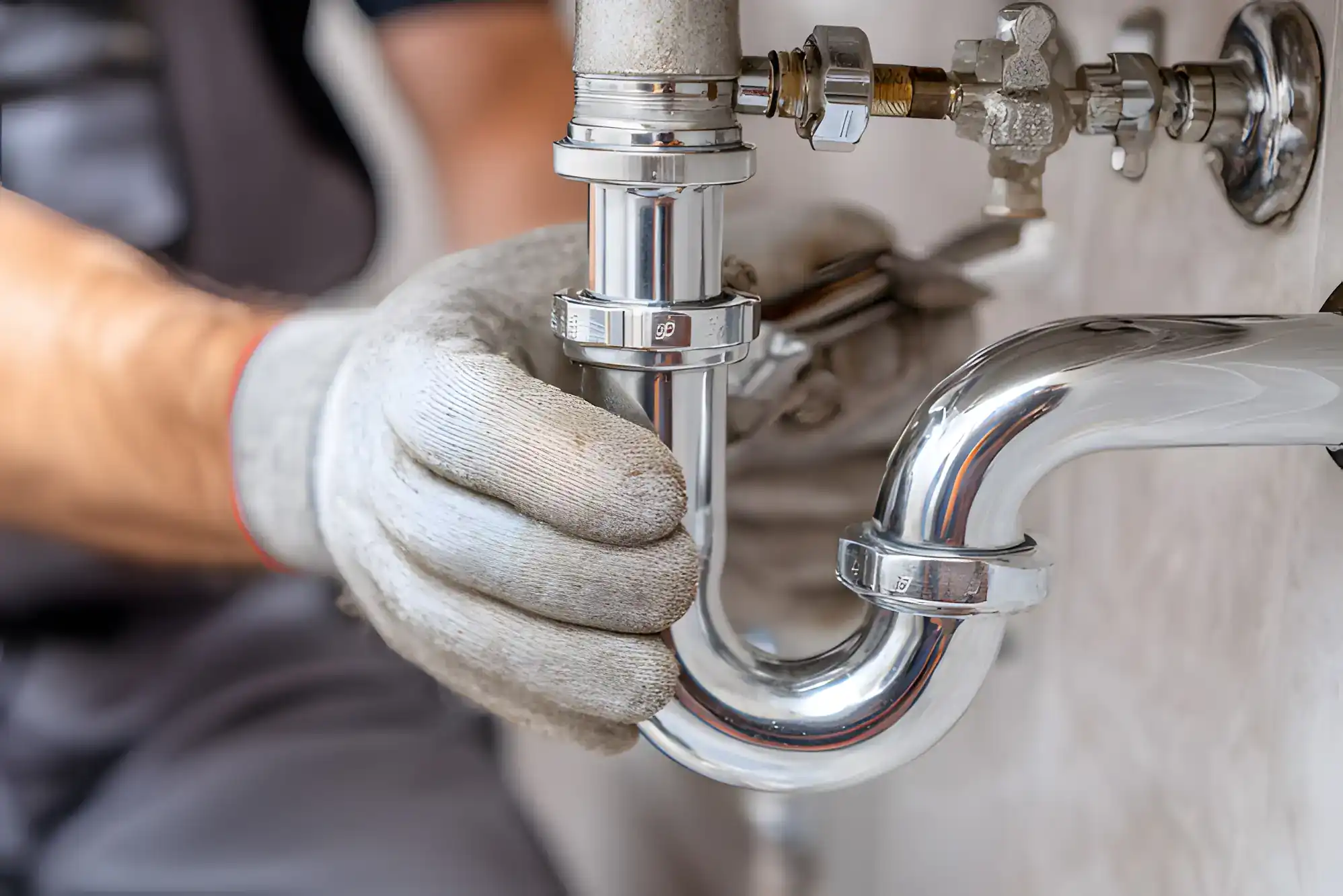 A close-up of a plumber’s gloved hand tightening a shiny chrome P-trap pipe under a sink, with plumbing tools visible in the background.