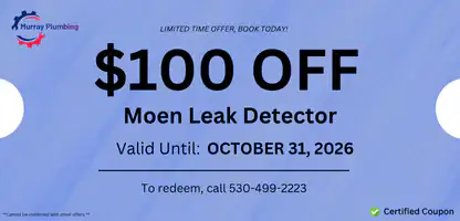 A coupon for Murray Plumbing offering $100 off a Moen Leak Detector, valid until October 31, 2026. Includes a phone number to redeem and a note that the offer cannot be combined with other offers.