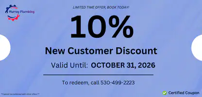 A blue coupon offering a 10% New Customer Discount from Murray Plumbing, valid until October 31, 2026. It includes a phone number to redeem and a green checkmark labeled "Certified Coupon.