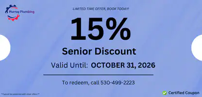 Blue coupon for Murray Plumbing offering a 15% senior discount, valid until October 31, 2026. To redeem, call 530-499-2223. The bottom right corner shows a "Certified Coupon" label.