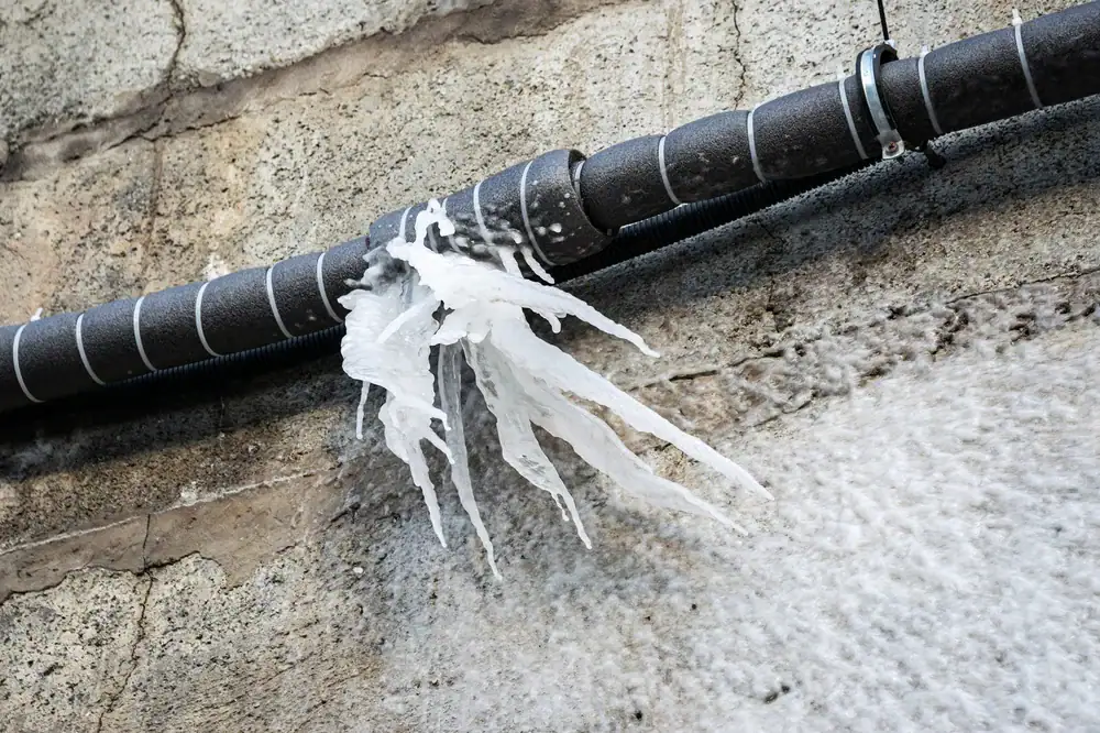 Icicles form as water leaks from an insulated pipe mounted on a concrete wall, creating jagged frozen shapes that extend downward.