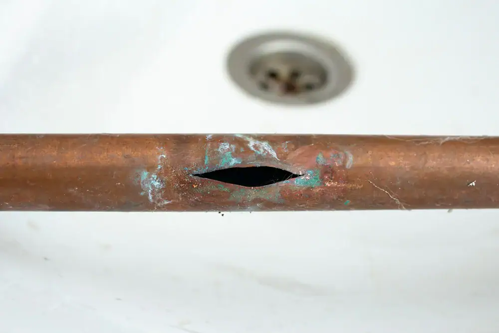 A close-up of a copper pipe with a large split and corrosion, indicating damage or a leak, with a white sink and drain in the background.