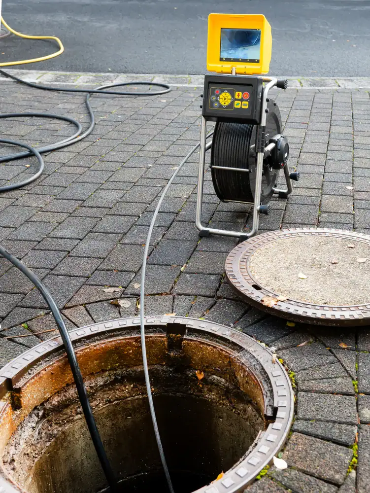 An open manhole on a paved surface with a cable running inside, next to equipment featuring a monitor displaying a live video feed used for sewer inspection.