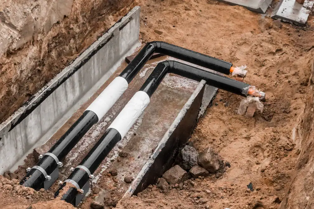 Two black insulated pipes run underground through a trench filled with sand and soil, partially covered by concrete slabs, likely as part of a construction or utility installation project.