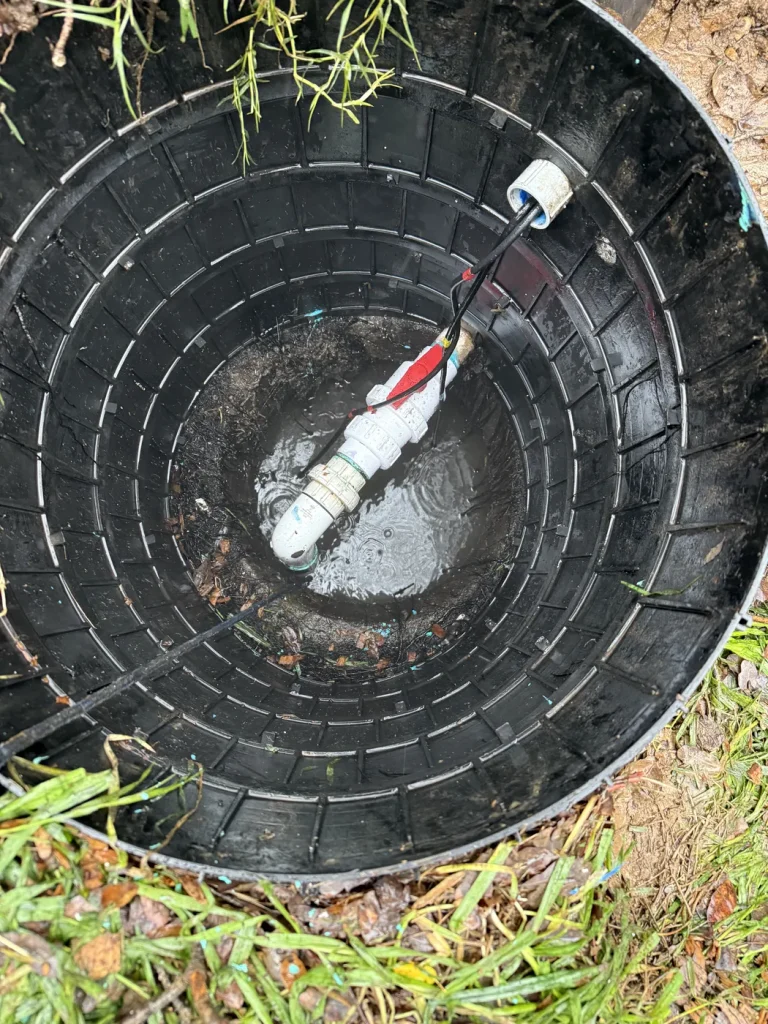 The pump basin and discharge connections involved in the check-valve repair.