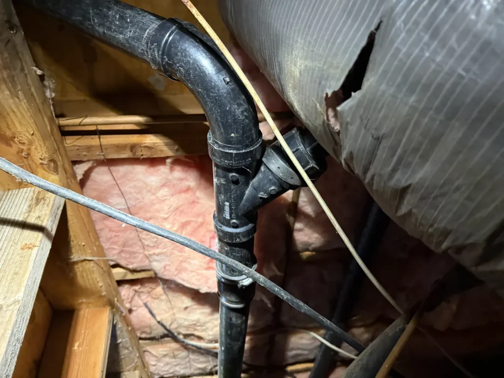 Drain piping inside the opened wall and framing.