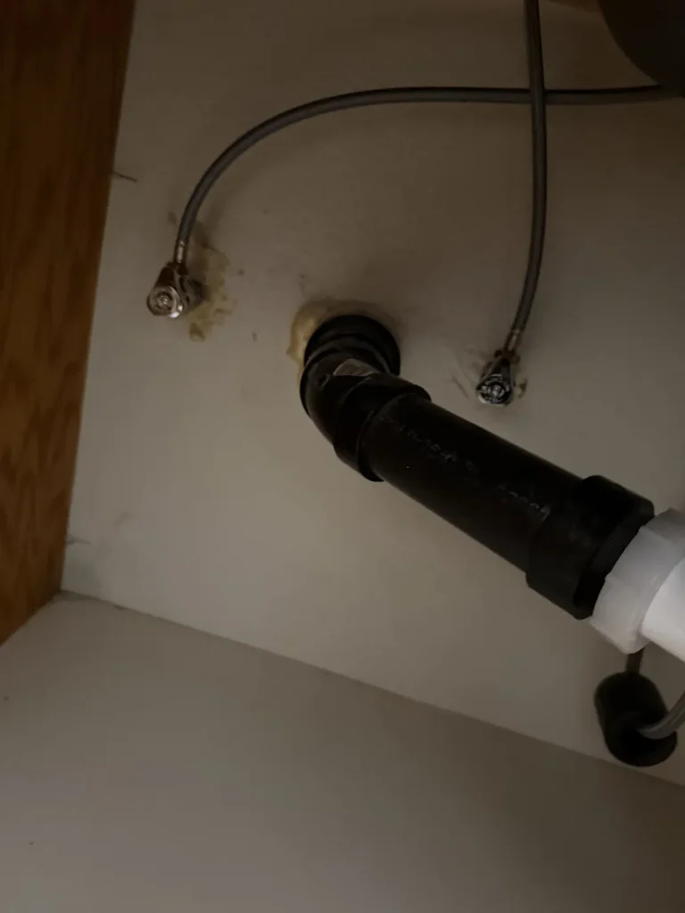 The supply shutoffs and drain connection beneath the laundry sink.